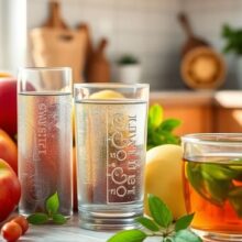 Healthy foods and water on a kitchen counter.