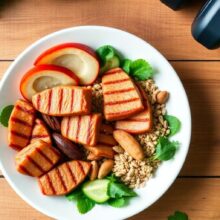 Healthy meal and fitness items for hormone balance.