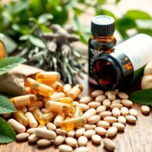 Natural supplements for prostate health on a wooden surface.